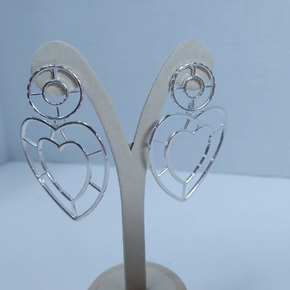 5/$25 Dangle Heart Earrings Silver Tone Large Modernist Boho Pierced 2.5" - Picture 6 of 6